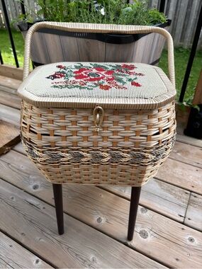 Vintage Eatons Woven Sewing Basket with Needlepoint Lid and Legs